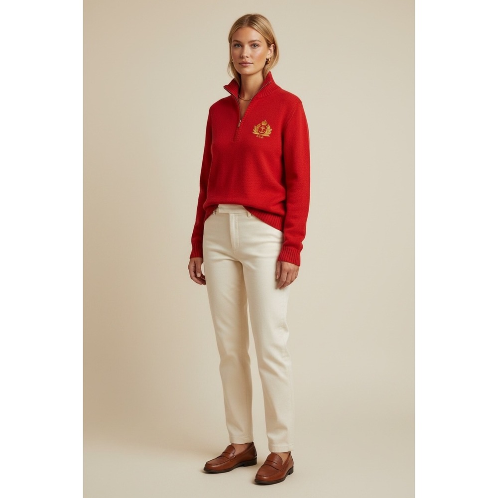 Ralph Lauren Jeans Co Red Quarter Zip Crest Sweater Medium Nautical Cotton
